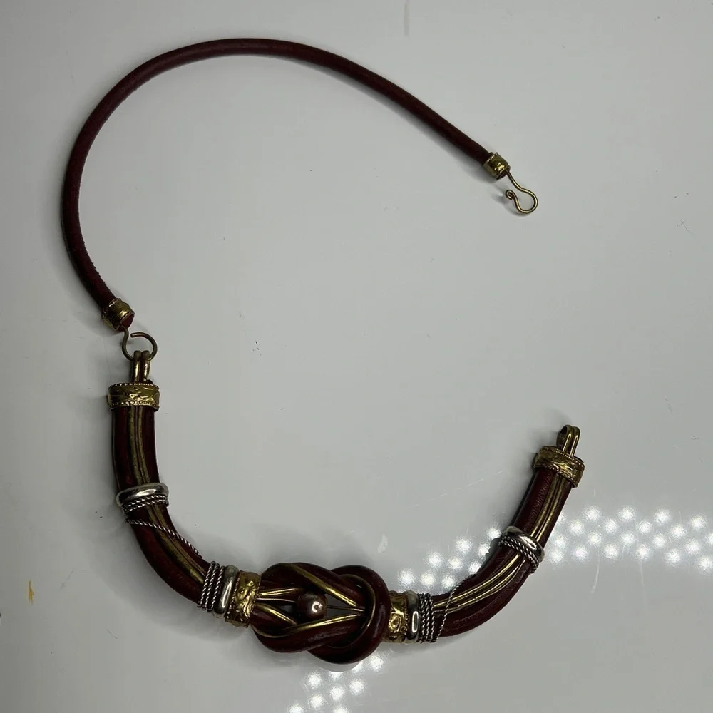 Brown Leather & Brass Semi Structured Necklace